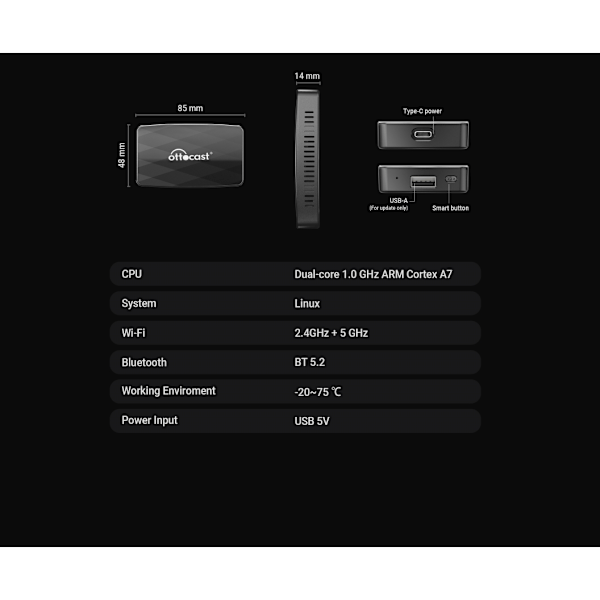 Ottocast MX trådlös Carplay / Android Auto-adapter