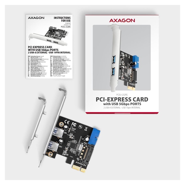 AXAGON, PCI-Express-kortti, jossa on pari sisäistä ja pari ulkoista USB 5Gbps -porttia, PCEU-232RS