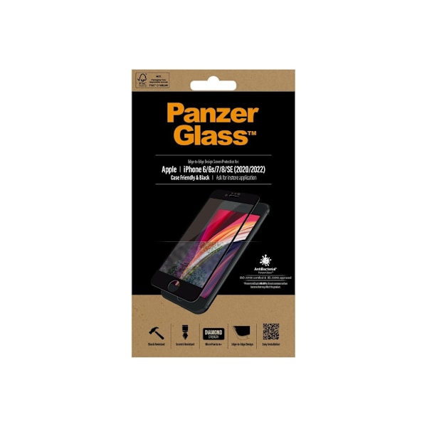 PanzerGlass, Apple, iPhone 6/6s/7/8/SE 2020, Hybridglas, Sort, Afrundede kanter, 100 % berøringsbeskyttelse, Krystalklar, Skærmbeskytter