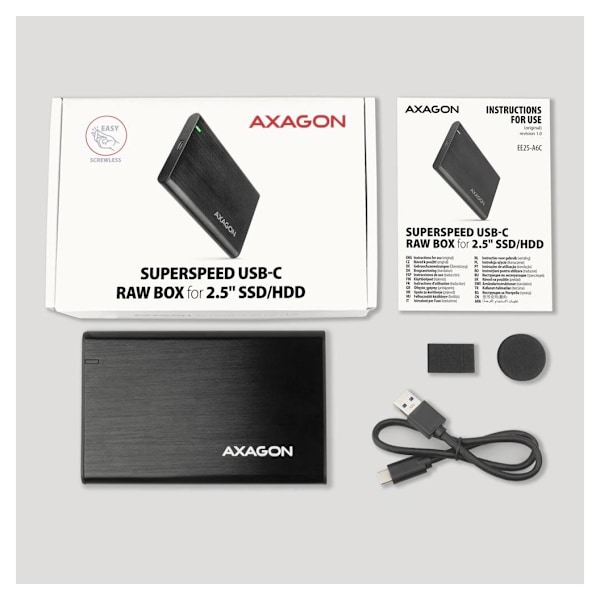 AXAGON, skruløs aluminium USB 3.2 Gen 1 - SATA 6G ekstern boks for 2,5" SSD/HDD, EE25-A6C