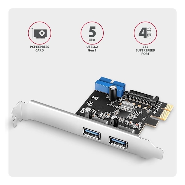 AXAGON, PCI-Express-kortti, jossa on pari sisäistä ja pari ulkoista USB 5Gbps -porttia, PCEU-232RS