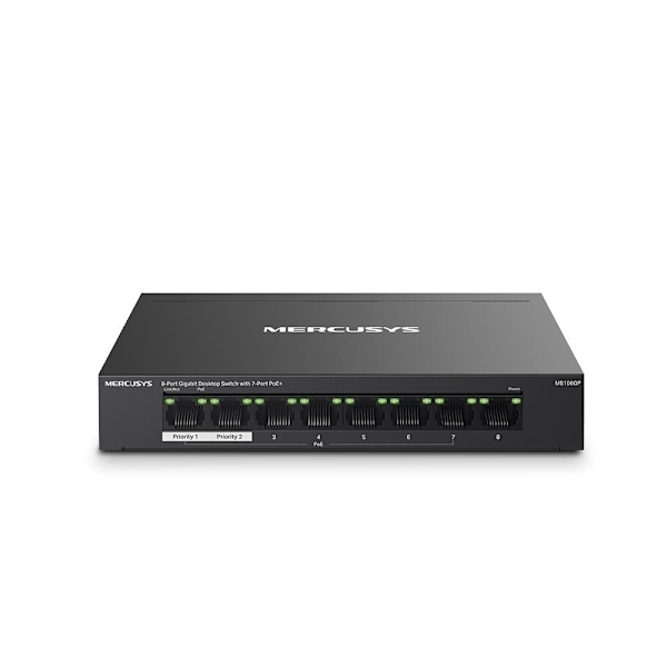 Switch MERCUSYS MS108GP (Skrivbord/sockel, 8x10Base-T / 100Base-TX / 1000Base-T, PoE+ portar 7, MS108GP)