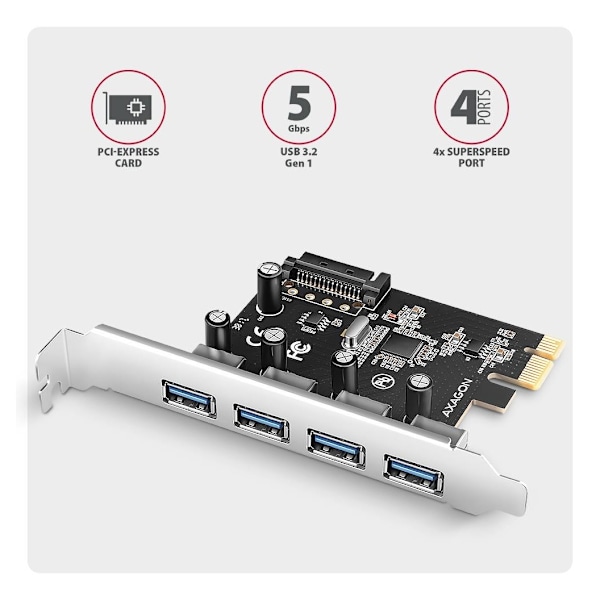 AXAGON, PCI-Express-kort med fire eksterne USB-A 5Gbps-porte, PCEU-430RS