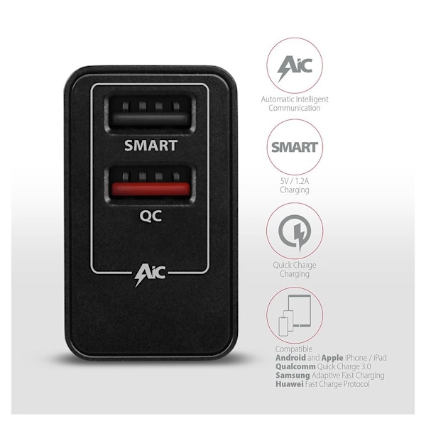 AXAGON, dobbel vegglader 240V/2x USB-port QC3.0/AFC/FCP og 5V-1.2A, 24W, ACU-QS24