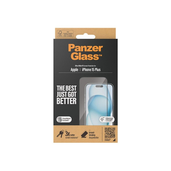 PanzerGlass, Skärmskydd, Apple, IPhone 15 Plus, Glas, Transparent, Ultrabred passform, Reptålig, Fallskydd, EasyAligner ingår