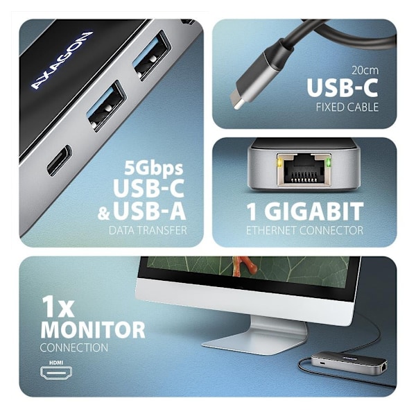 AXAGON, USB-C 5Gbps GLASS 6in1 Hub, HMC-6GLN