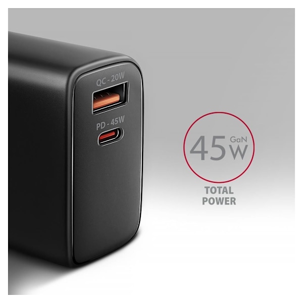 AXAGON, GaN vegglader 2x port (USB-A + USB-C), PD3.0/PPS/QC4+/SFC2.0/AFC/SCP/FCP/Apple, 45W, ACU-PQ45