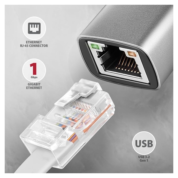 AXAGON, ADE-TXCA Kompakt aluminium USB 3.2 Gen 1 Gigabit Ethernet 10/100/1000Mbit adapter med automatisk installation, Nintendo Switch-understøttelse