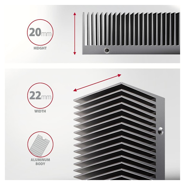 AXAGON, passiv køler i aluminium til enkelt- og dobbeltsidede M.2 SSD'er størrelse 2280, højde 24 mm, CLR-M2XT