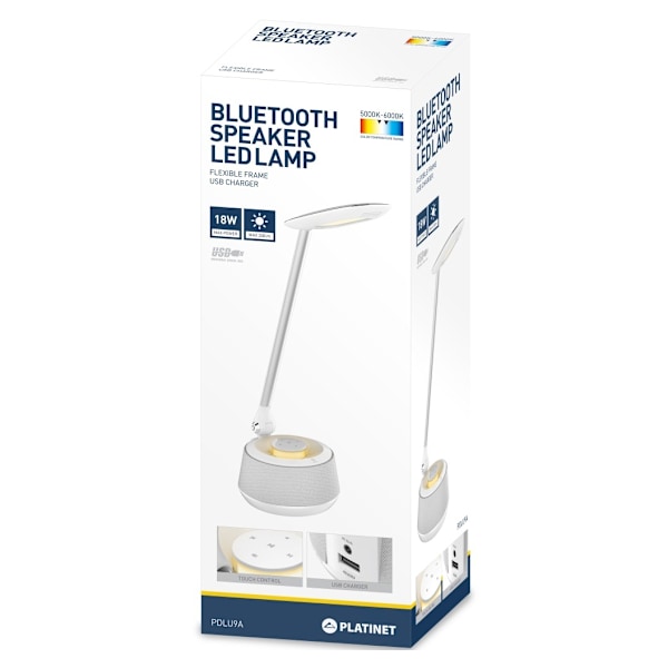 Platinet skrivebordslampe med højttaler & USB-oplader PDLU9A 18W (44123)