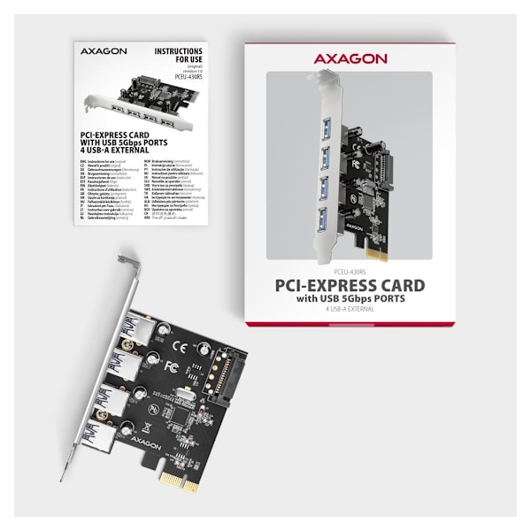 AXAGON, PCI-Express-kort med fyra externa USB-A 5Gbps-portar, PCEU-430RS