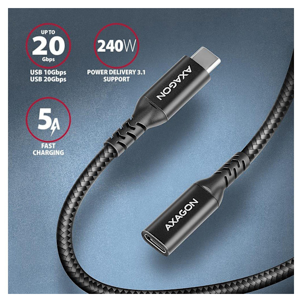 AXAGON, USB-C - USB-C, USB-jatkokaapeli 20 Gbps, 0,5 m, BUCM32-CF05AB