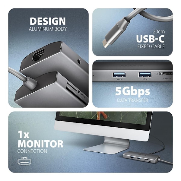 AXAGON, Multiport USB-C 5Gbps hub, HMC-8HLSA