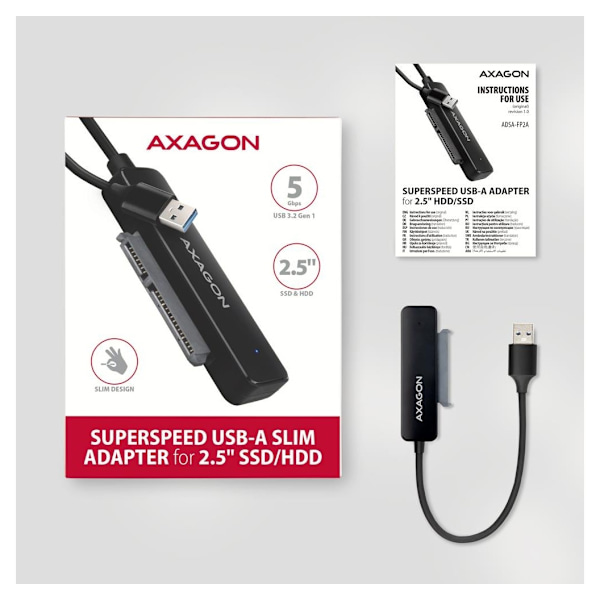 AXAGON, USB-A 5 Gbps SLIM-adapter til 2,5" SSD/HDD, ADSA-FP2A