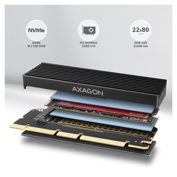 AXAGON, PCI-Express x16-adapter med kjøler for tilkobling av en NVMe M.2 SSD-stasjon til en datamaskin, PCEM2-XS