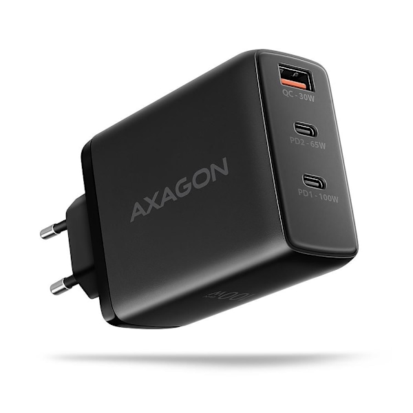 AXAGON, GaN-seinälaturi, 3x portti (USB-A + 2x USB-C), PD3.0/PPS/QC4+/SFC2.0/AFC/SCP/FCP/Apple, 100 W, ACU-DPQ100 musta