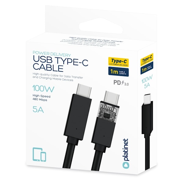 Platinet-kaapeli USB-C - USB-C 5A 100W 1m, musta (PUCC5A1B)