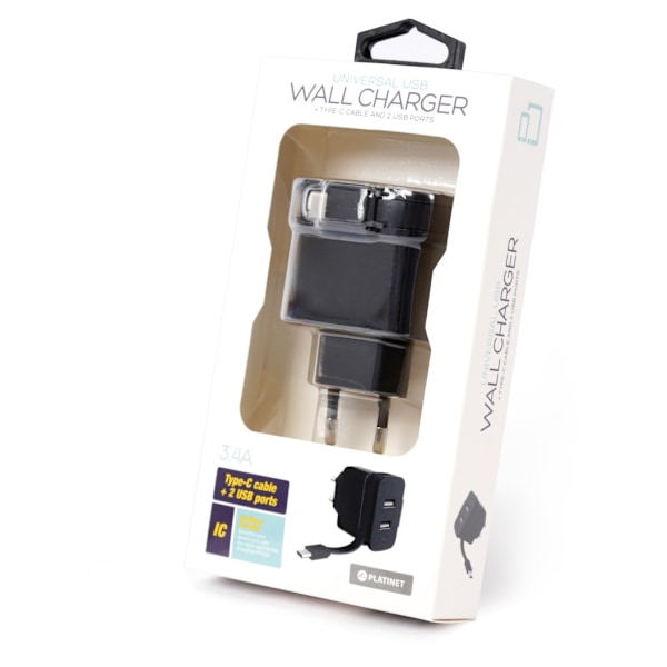 Platinet-laddare 2xUSB 3,4A + USB-C-kabel (44654)