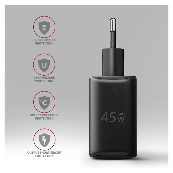 AXAGON, GaN vegglader 2x port (USB-A + USB-C), PD3.0/PPS/QC4+/SFC2.0/AFC/SCP/FCP/Apple, 45W, ACU-PQ45