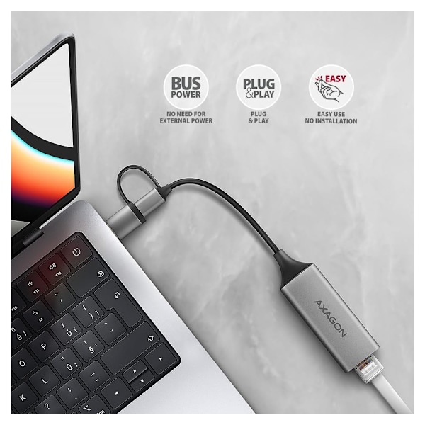 AXAGON, ADE-TXCA Kompakt aluminium USB 3.2 Gen 1 Gigabit Ethernet 10/100/1000Mbit-adapter med automatisk installation, Nintendo Switch-stöd och USB C-