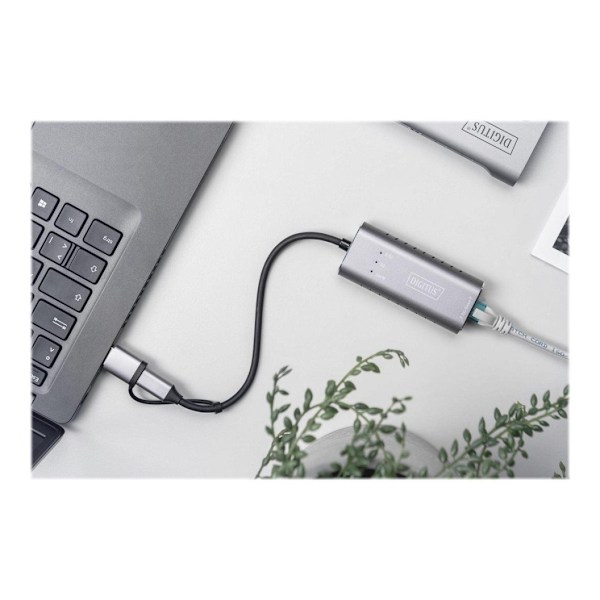 Digitus, USB3.0/USB C 3.1 til 2.5G Ethernet-adapter, USB Type-C Gigabit Ethernet-adapter 2.5G, USB-C + USB A (USB3.1/3.0), DN-3028