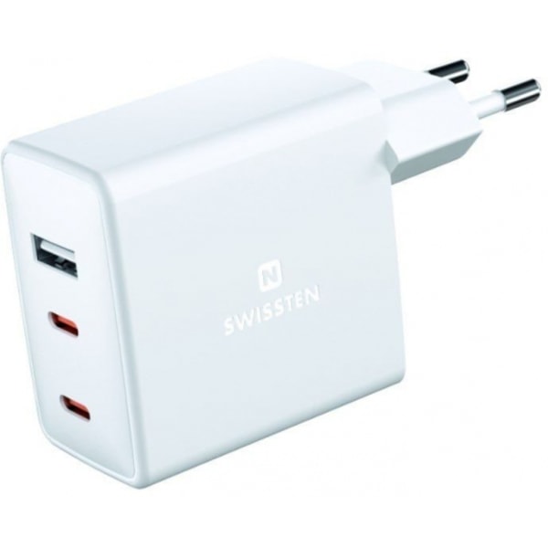 Mobil DC-adapter hand, Travel PD 1xUSB + 2xUSB-C GaN 70W Vit, Swissten