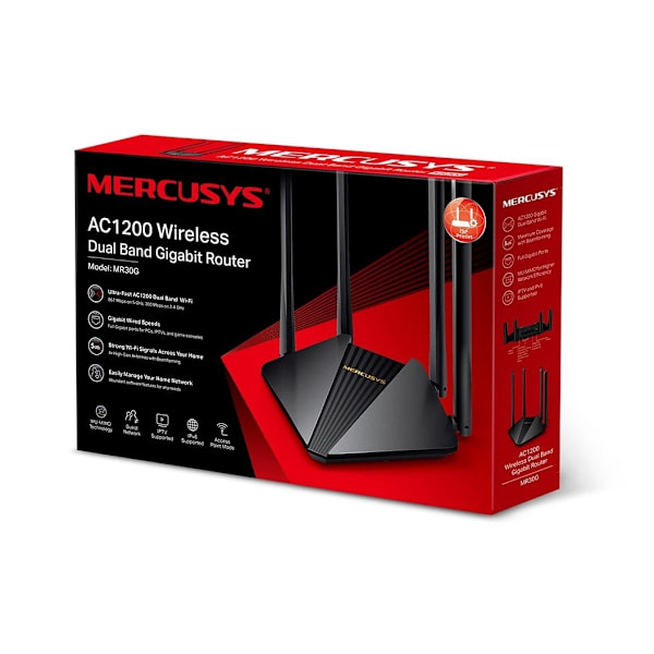 Mercusys, AC1200 trådløs Dual Band Gigabit Router, MR30G