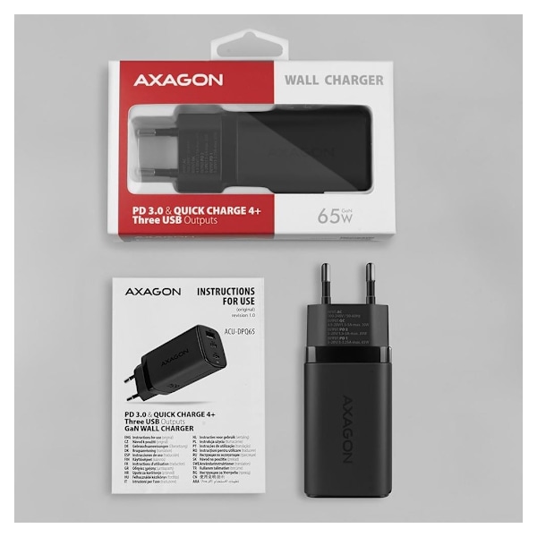 AXAGON, GaN vægoplader 3x port (USB-A + 2x USB-C), 65W, ACU-DPQ65