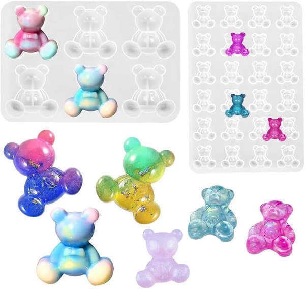 2 stk. epoxyharpiksforme silikone, 3D bamse silikoneharpiksform, kagefondantform til epoxyharpiksstøbning