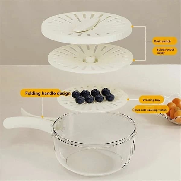 Fruit Drain Basket with Lid, Vegetable Washing Bowl, Foldable Handle, Cleaning Strainer, Kitchen Drawers