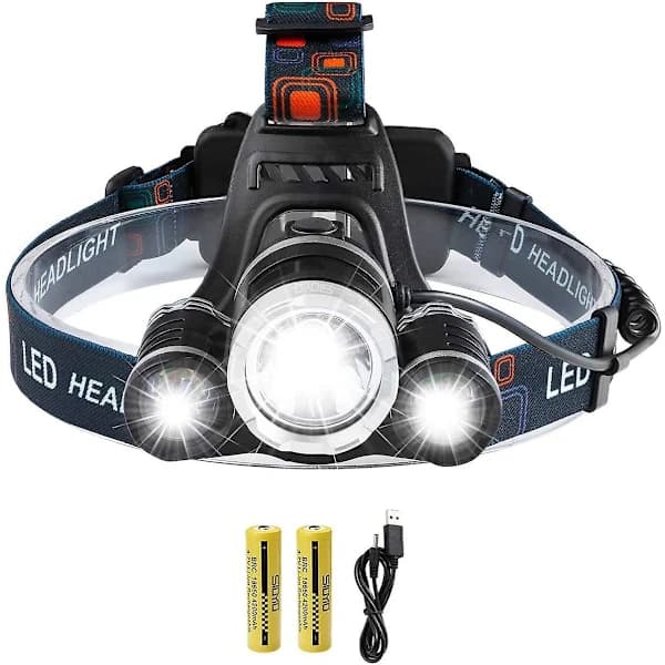 Oppladbar LED-hodelykt, 5000 lumen hodelykt, supersterk T6 LED-hodelykt, vanntett hodelykt med 2 batterier, USB-ladekabel for ca.