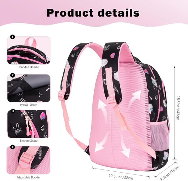 Elementary School Backpack 2-piece Lightweight Breathable Cute Cartoon Pencil Case Girls School Backpack Black