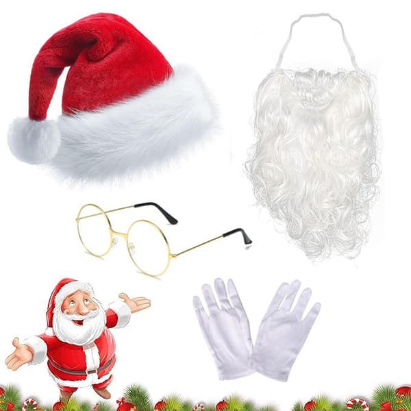 4-piece set with hat, beard and wig for Christmas party