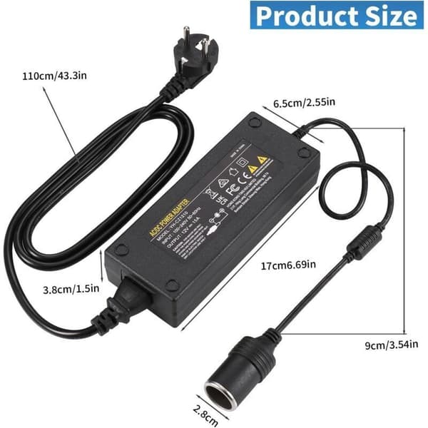 180W 15A Bilstrømadapter Spændingsomformer 230V til 12V Cigarettænderstik AC til DC Strømadapter til Dækpumpe, Køler og Andre Apparater 1 cm 1 cm