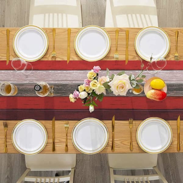 Red table runner, 33 x 183 cm, rectangular, rustic retro farmhouse style, barn wood texture, linen