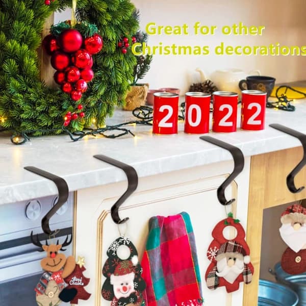 Christmas Stocking Holders for Mantels, 2 Pack, Black Metal Christmas Stocking Hangers, Christmas Tree Hooks