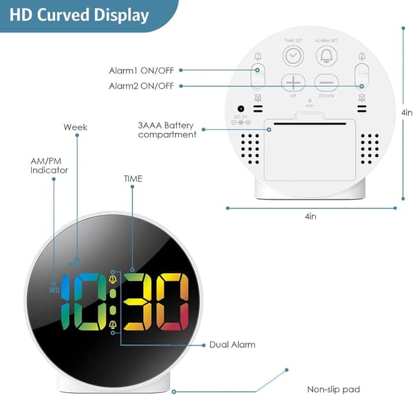 Digital väckarklocka, LED elektronisk klocka, liten skrivbordsklocka med 2 larm, snooze, dimbara larmdagar, 12/24H display