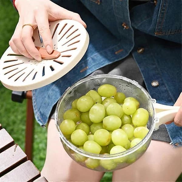 Fruit Drain Basket with Lid, Vegetable Washing Bowl, Foldable Handle, Cleaning Strainer, Kitchen Drawers