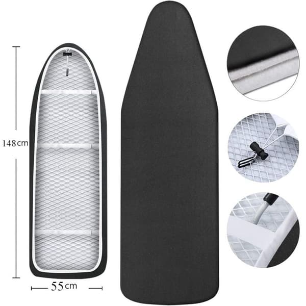 Ironing Board Cover 148x55cm, Extra Large with 100% Cotton Top Thick Padding, Scorch Resistant Easy to Install (XXL, Black)