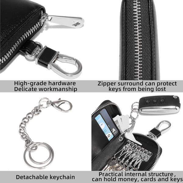 Nøgletaske i ægte læder, pung med lynlås og metalkrog til unisex (rød)