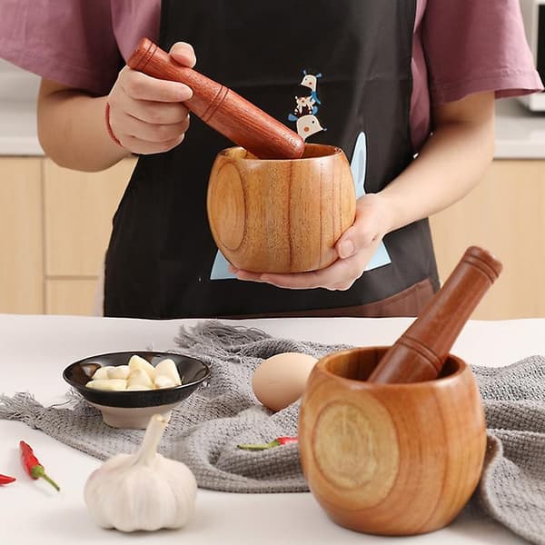 1 set garlic mortar environmentally friendly high durability wood manual garlic press crusher mortar set for home S S