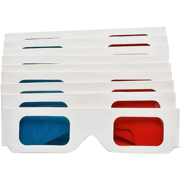 3D Paper Glasses, Anaglyph Red and Cyan, White Cardboard Frame, 50 Pairs