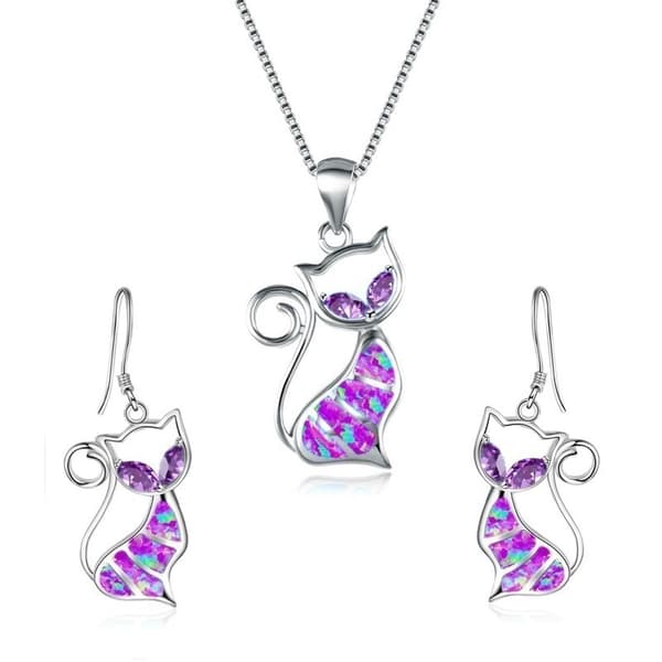 Opal Katt Örhängen & Halsband Set - Lila