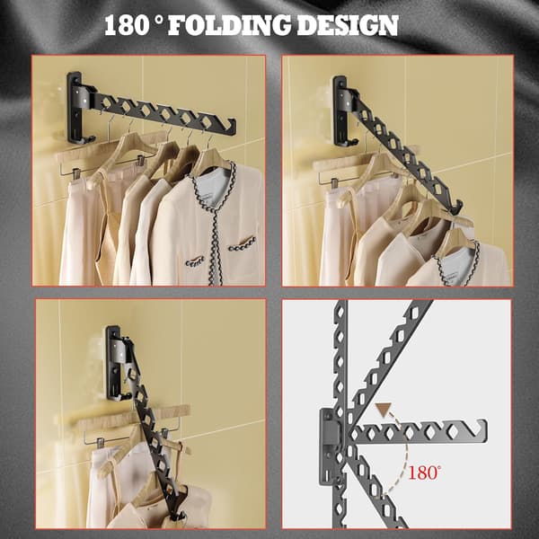 Wall Mounted Clothes Hanger Black Clothes Drying Rack Organizer Clothes Hooks Aluminum Retractable - Black 2-pack
