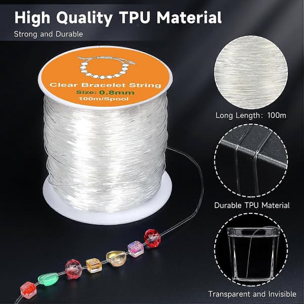 Elastisk tråd til armbånd, 2 ruller 0,5 mm, 0,8 mm elastisk tråd til armbånd til DIY smykkefremstilling, halskæder, armbånd, håndværk (100 m/spole)