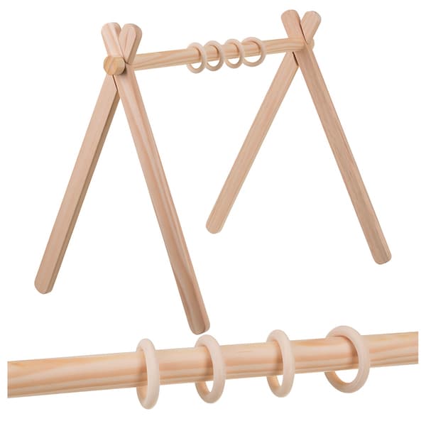Træstativ til babygym med 4 ophængsringe, 64x43x52 cm