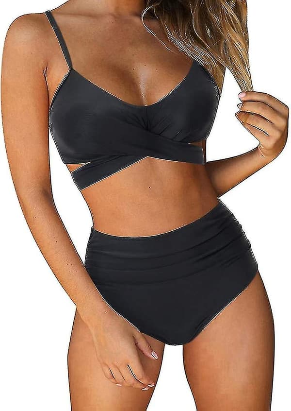 Dame Criss Cross Højtaljet String Blomstret 2-delt Badedragt - SortXX-L DFA1269