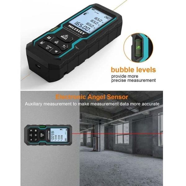 Laser Distance Meter 50m/165ft with Electronic Level LCD Backlight IP54 in/ft/ft+in Measurement for Area Volume Compatible with Digital French Manual