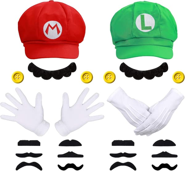Super Mario Bros Mario og Luigi Hatter Caps Bart Hansker Knapper Cosplay Kostyme [JUN]