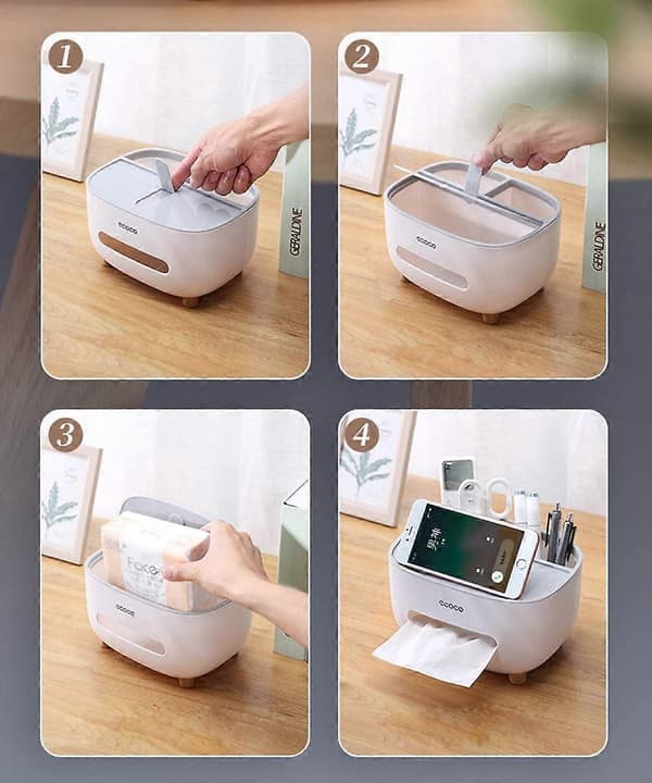 Tissue Box, PVC Tissue Box, Multifunction Box, Pen Holder, Remote Control Holder, Tissue Holder, Storage Box, Cosmetic Tissue Box (Grey-1)